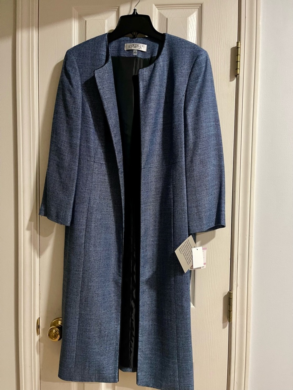 Kasper Navy Textured Open-Front Trench Coat